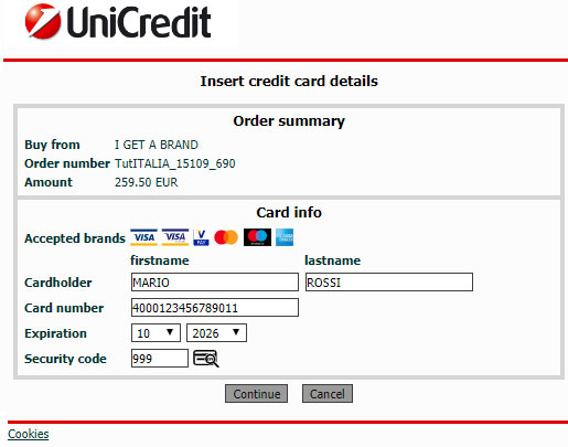 Ansicht der Webseite für die Eingabe der Daten von der Plastikkarte der UniCredit Bank